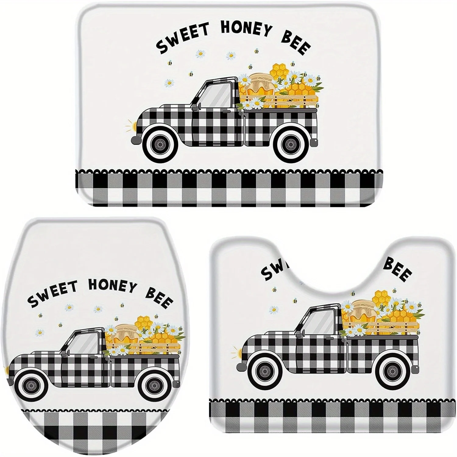 

3pcs RV bath mat set, truck bee daisy bathroom carpet, including anti-slip contour mat, U-shaped toilet seat and absorbent bath