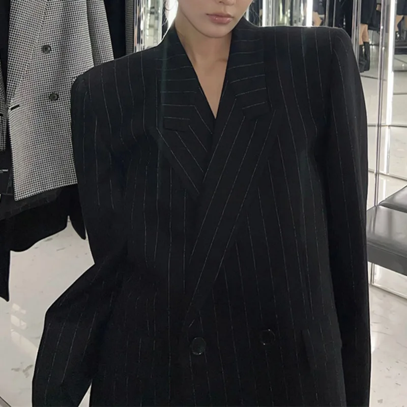 Eeonovni preto listrado moda feminina blazer casaco senhora do escritório duplo breasted solto jaqueta versátil 2025 novas roupas 1a1648