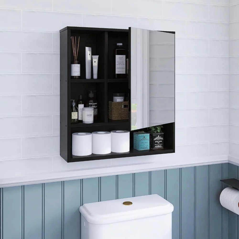 HOMirror-Armoire de Rangement Murale pour Toilettes, Porte Miroir, Étagère Réglable, Noir