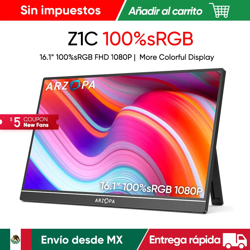 ARZOPA Monitor Portátil de 16.1'' 100% sRGB 1080P, Segundo Monitor, Pantalla Externa para MAC, Laptop, PC, Xbox/PS/Switch, Z1C