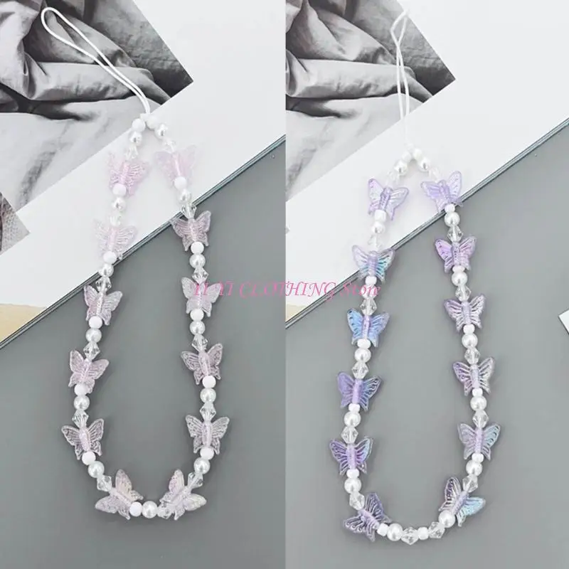 N5KF Phone Lanyard Wrist Strap Butterfly and Bead Chain Phone Charm Antilost Y2K Cellphone Strap Hangings Cord for Women