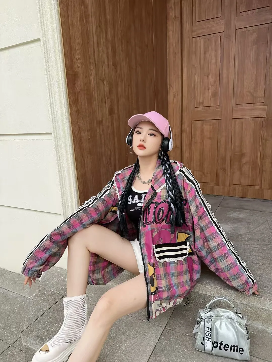 Cartoon Plaid Hooded Jacket Women 2025 Autumn New Loose Mid-Length Color Block Sun Protection Jacket Women's Fashion Hoodies