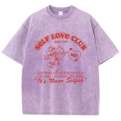 Street Women Cotton Washed T-Shirt Self Love Club Always Open Cupid'S Arrow Printing Tee Shirt Fashion Loose Tops Female Clothes