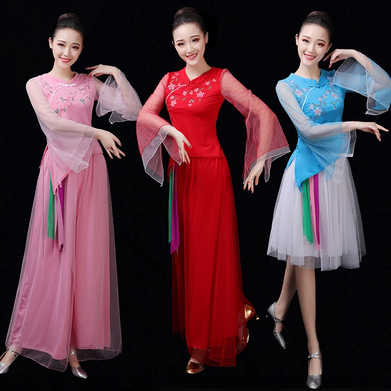 Ethnic Style Square Dance Skirt Summer Gauze Swing Skirt Wide-leg Pants Classical Dance Tops / Skirt Dance Performance Costume