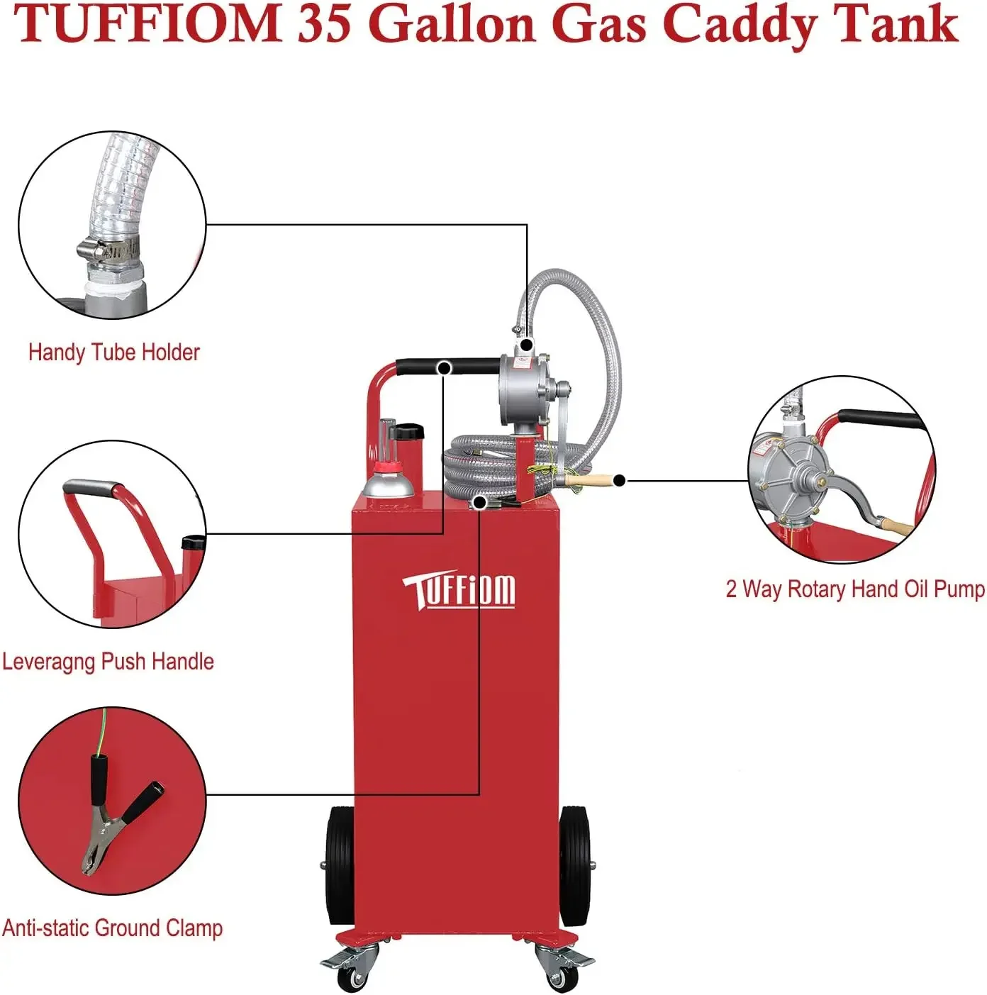 35 Gallon G as Caddy w/Wheels & 11.9ft Hose Fuel Transfer Storage Tank Gasoline Die sel Can Reversible Rotary Hand Siphon Pump