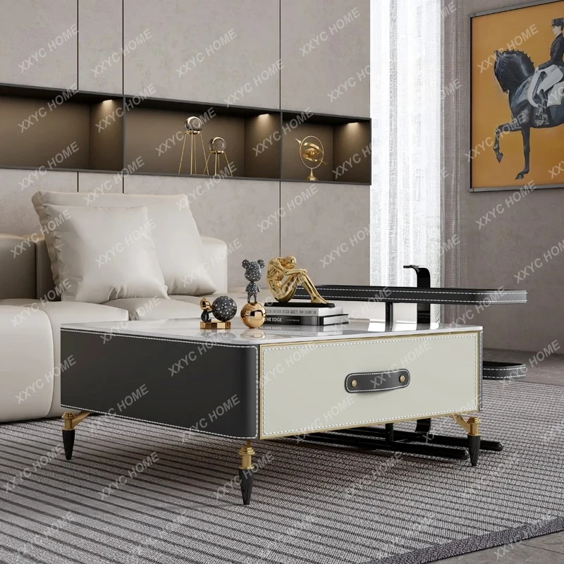 LSaddle leather square coffee table modern simple living room small apartment rock slab tea side table combination table