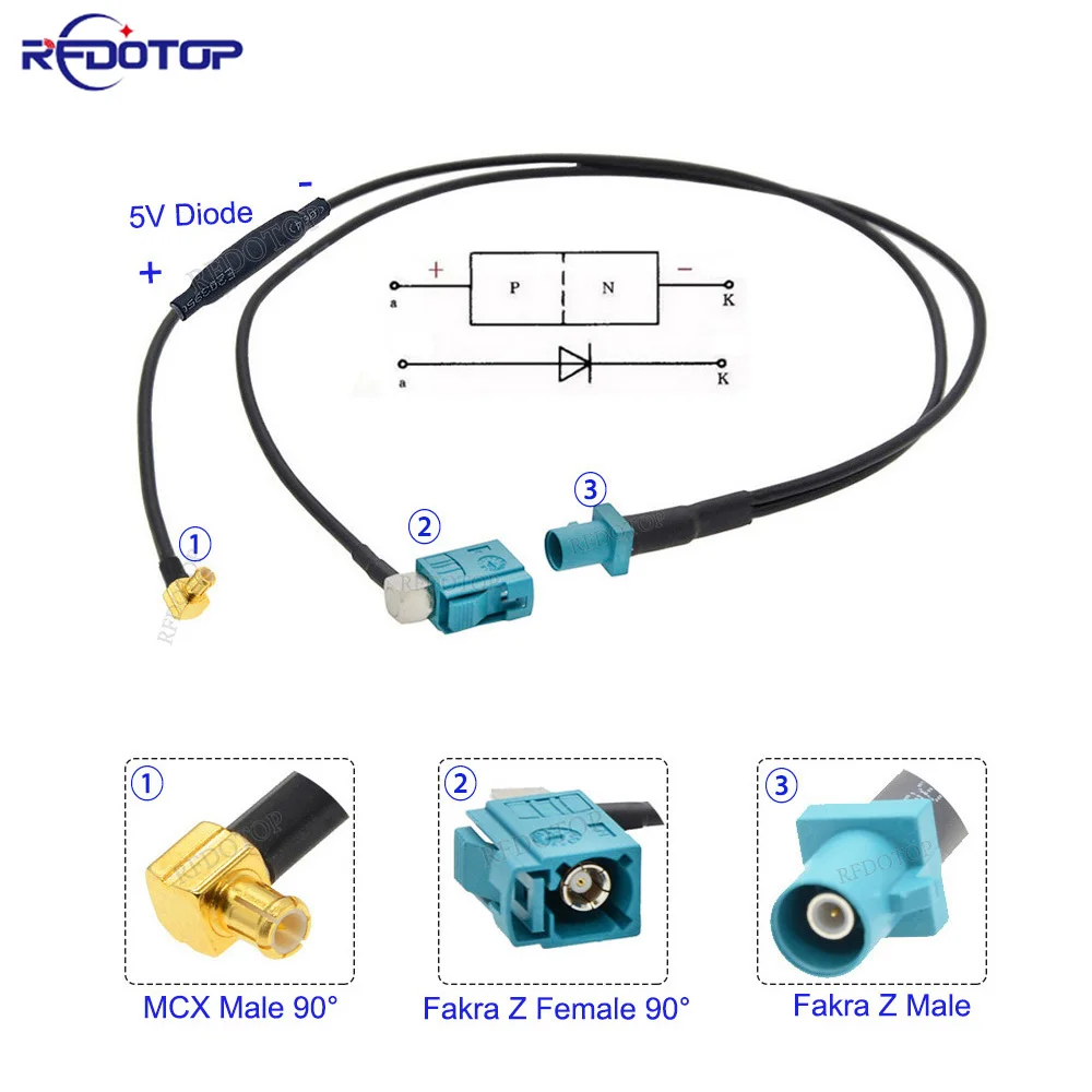 

Y Type Fakra Z Male to MCX Male 90 Degree+ Fakra Z Female 90° With Diode RG174 Pigtail Cable Car GPS Antenna Extension Cable