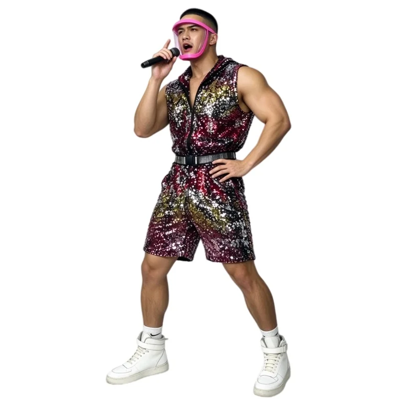 Colorful Sequins Hip Hop Overalls Sleeveless Jumpsuit for Men And Women DJ Stage Performance Dance Costume Nightclub Bar Outfit