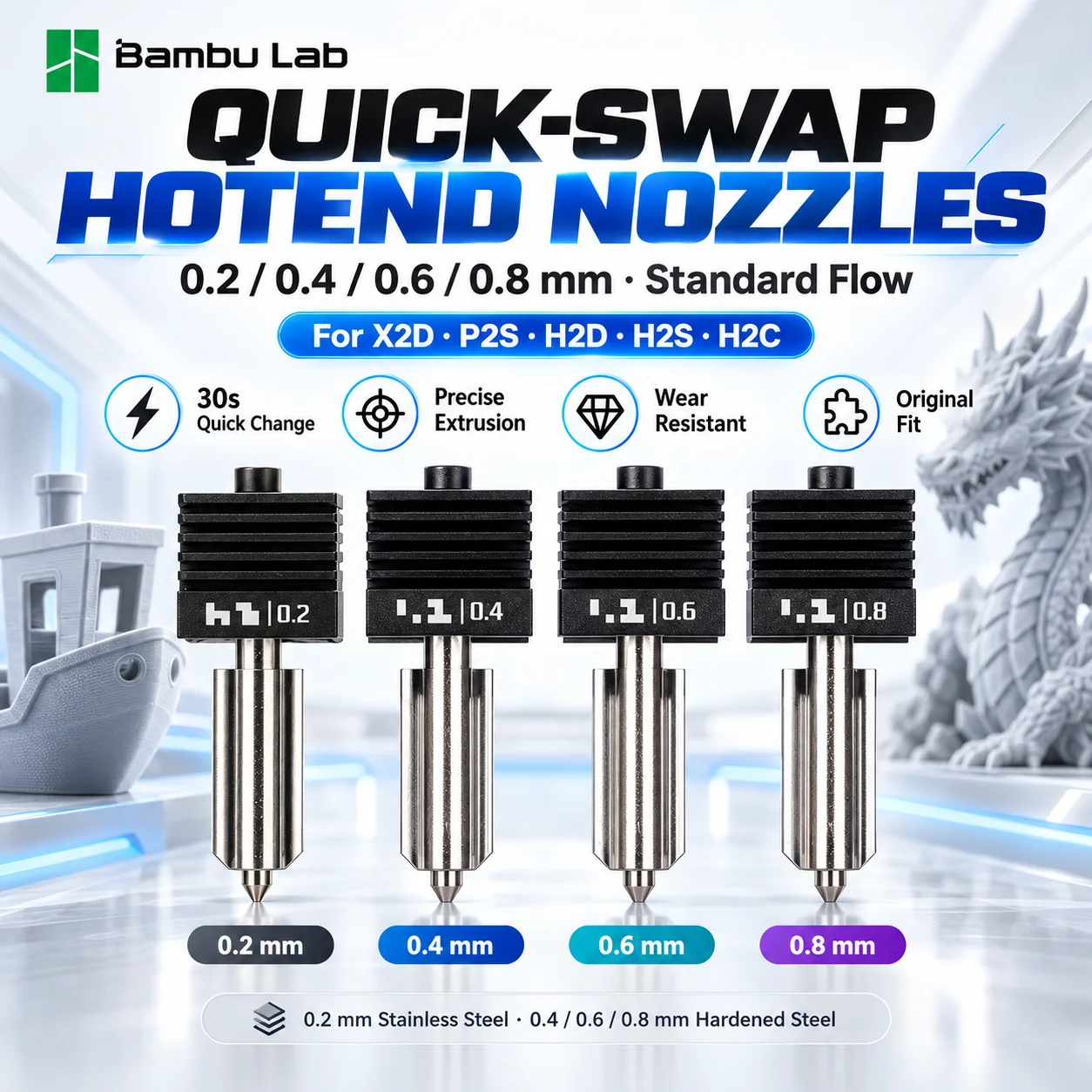 Original Bambu Lab Quick-Swap Hotend Nozzle 0.2/0.4/0.6/0.8mm for X2D P2S H2D H2S H2C Standard Flow