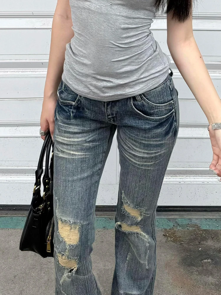 Washed Denim Jeans Women's Autumn New Style American Retro Spicy Girl Slim Micro Flared Long Pants Hole Design Low Waist Zipper