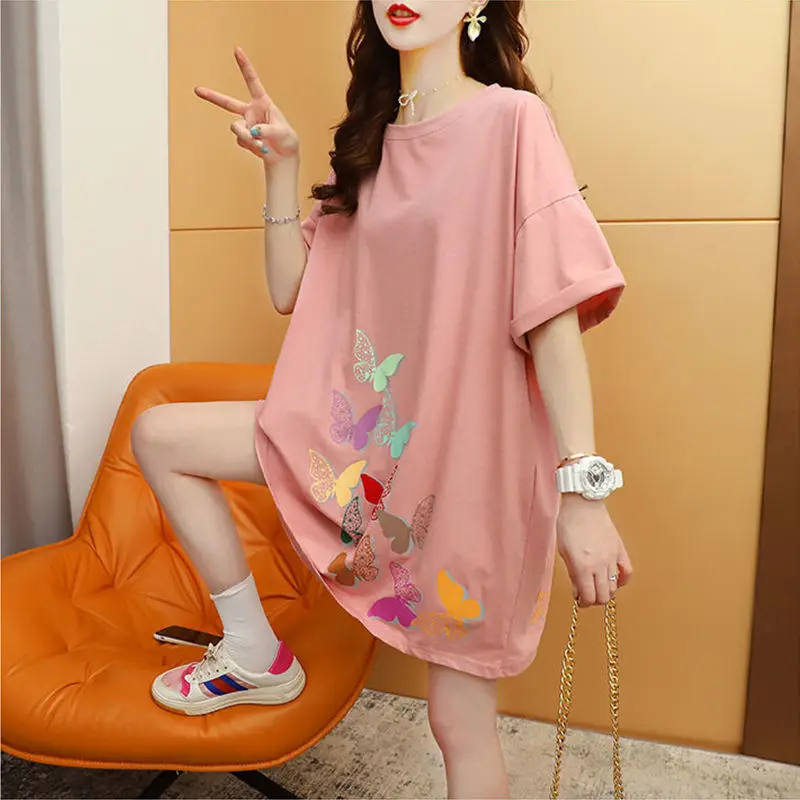 High Street Backless Patchwork Midi T-shirt Female Clothing Loose Stylish Butterfly Printed Summer Casual Round Neck Pullovers