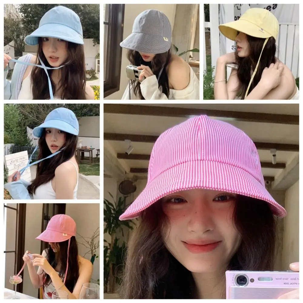 

Drawstring Striped Peaked Cap Wide Brim UV Protection Sunscreen Baseball Hat Sun Protection Adjustable Women Sun Hat Beach