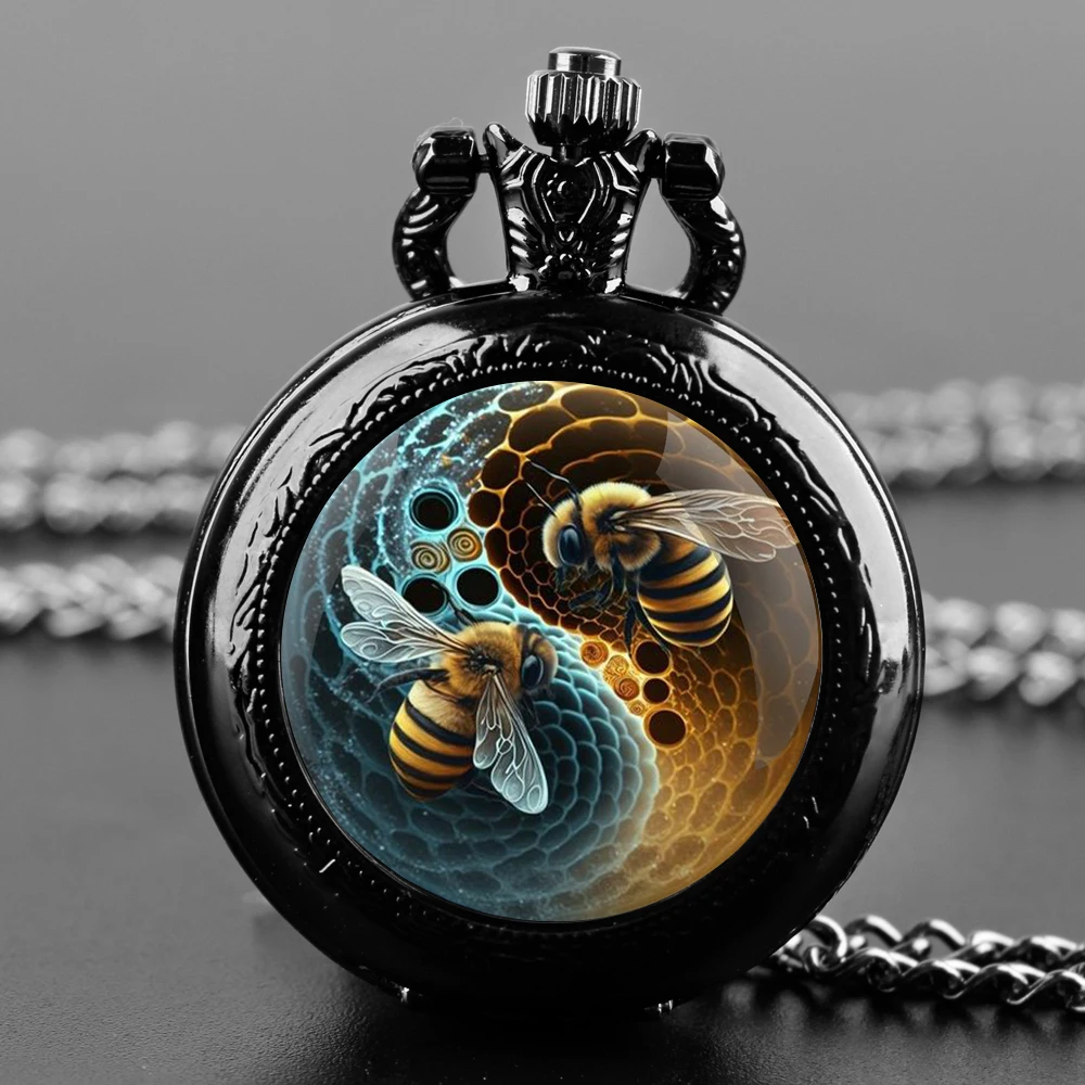 Beer Yin and Yang Design Glass Dome Quartz Pocket Watch for Women Men Necklace Clock Chain Pendant Kid Pocket Watch Jewelry Gift