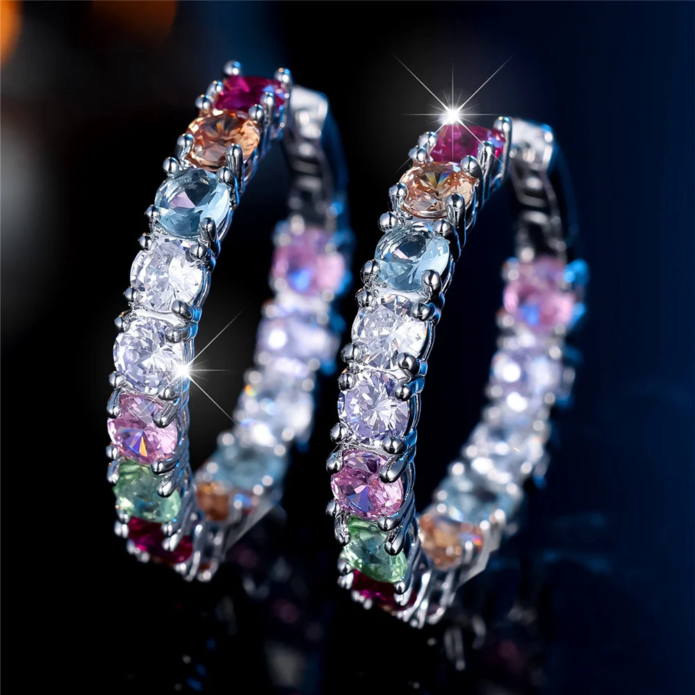 Charm Female Rainbow Zircon Stone Hoop Earrings Silver Color Simple Round Wedding Jewelry For Women Ear Buckle