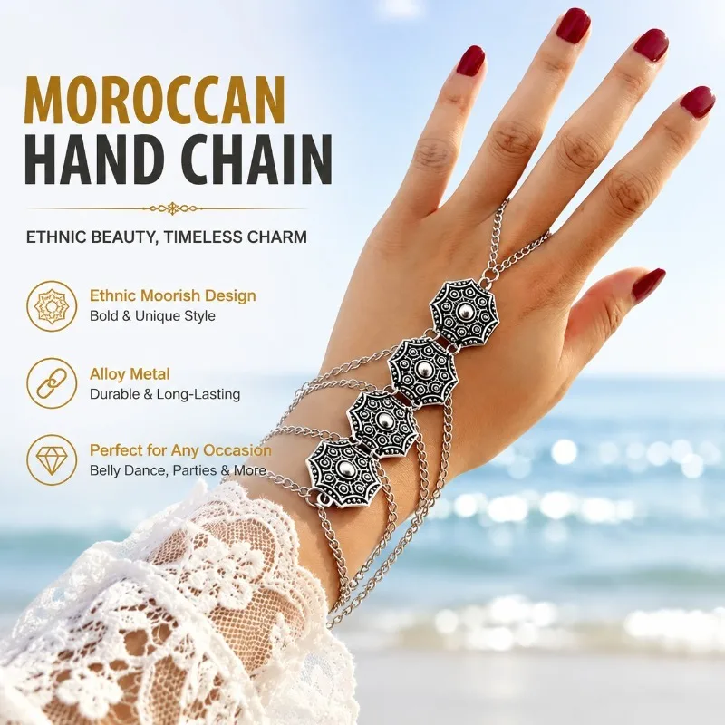 Algerian Moroccan Finger Connected Hand Chain Bohemian Palm Bracelet Vintage Ethnic Hand Jewelry Women Wedding Party Daily Wear