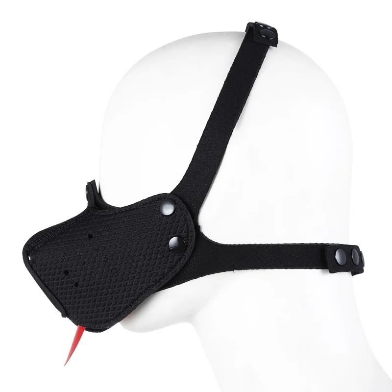 Unisex donna uomo cucciolo Cosplay mezza faccia maschera Fetish con lingua cane Bondage copricapo accessori per feste schiavo giochi di ruolo costumi