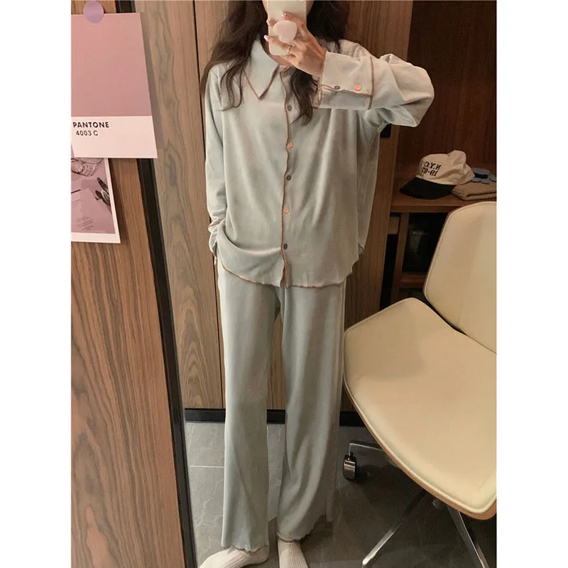 Ruffles Sleepwear Women Fleece Pajama Sets Winter Warm Piiama Button Pants Sets for Women 2 Pieces Night Wears Solid Home Suit