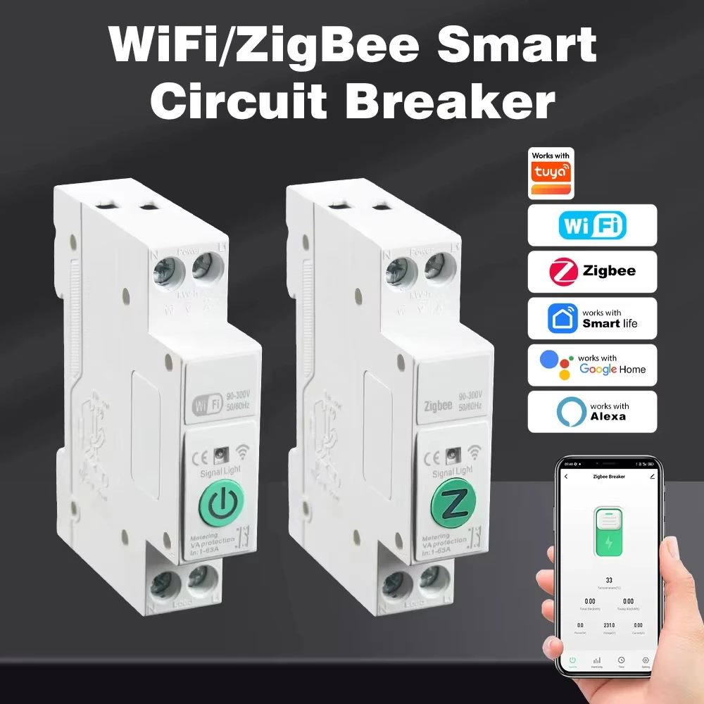WiFi/Zigbee MCB Smart Circuit Breaker Over Current Under Voltage Protection Power Metering 1-63A 1P+N Smart Life Google Alexa