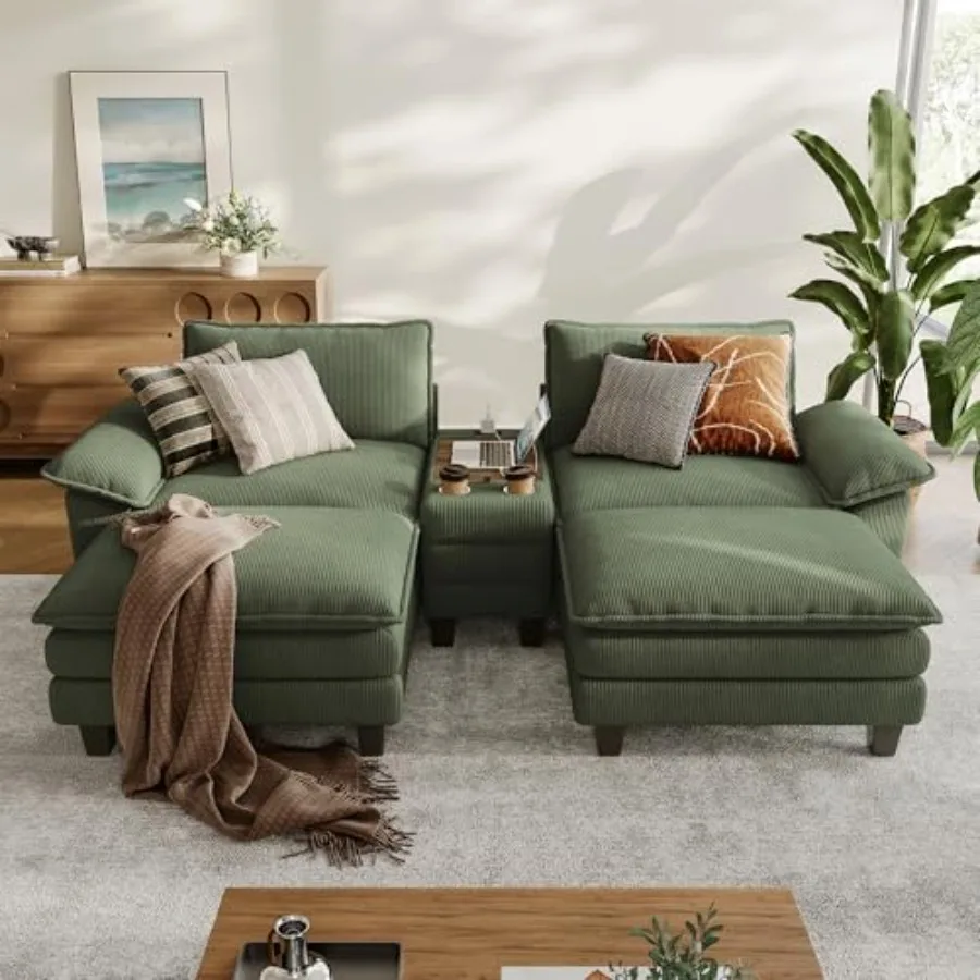 

Modular Sectional Sofa for Living Room, Corduroy Cloud Couch with Storage Console, USB Charging, Cup Holders, Comfy Modern Modu