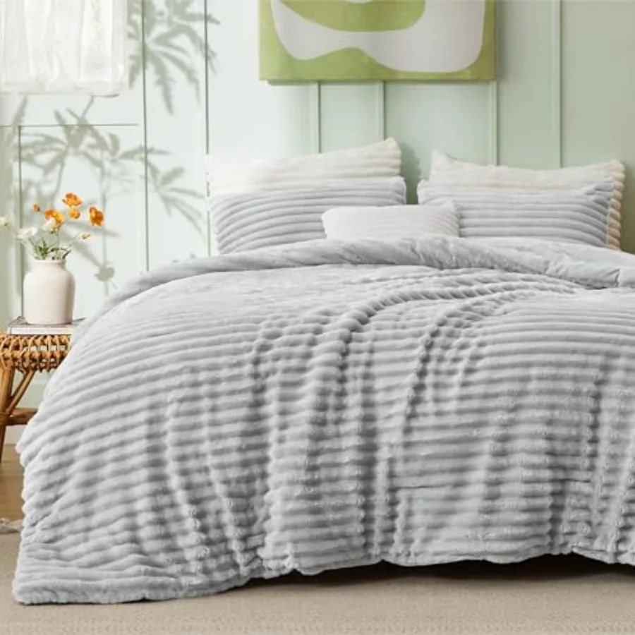 

Comforter Set Queen Size - GentleSoft™ 3 Pieces Double-Side Fleece Fluffy Light Grey Comforter Set Cozy Striped Room Decor Aest