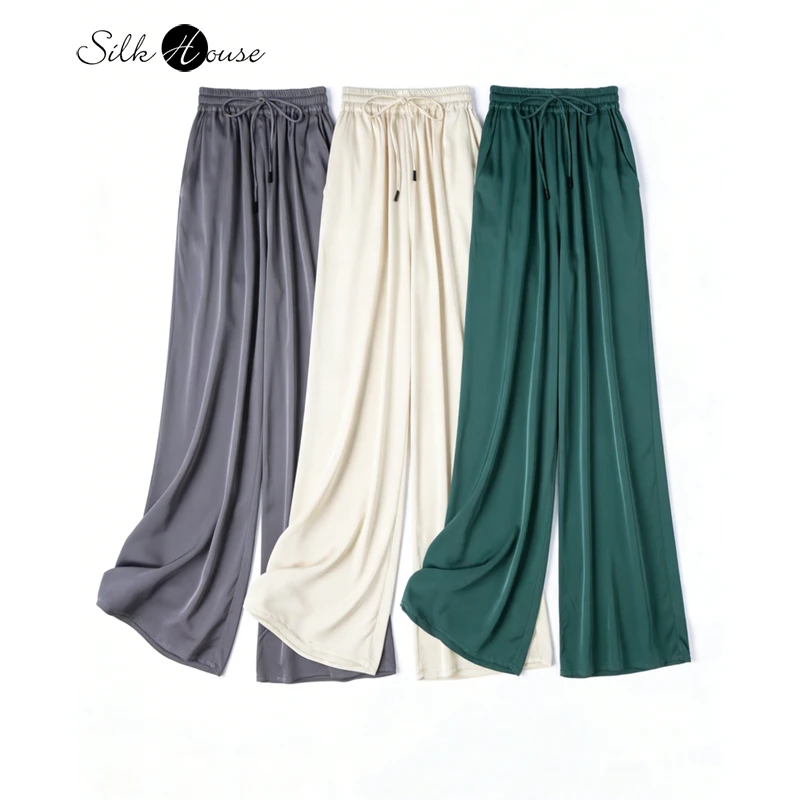 

Vertical Naked Feeling 93% Natural Mulberry Silk Elastic Double Qiao Satin Elastic Waist Women's Fashionable Wide Leg Pants