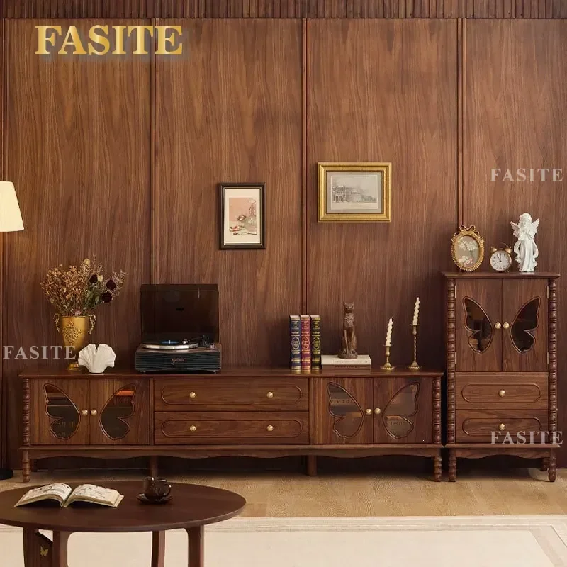 For Italian minimalist North American black walnut TV cabinet combination simple living room locker solid wood home TV