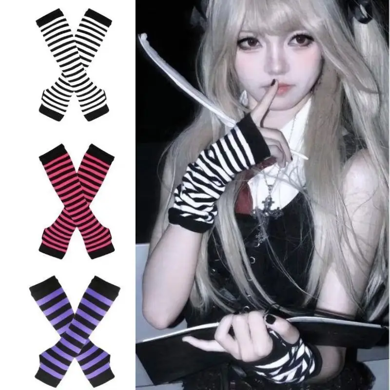 

Y2K Gothic Lolita Gloves Black Striped Fingerless Arm Cover Harajuku Arm Warmers Christmas Halloween Punk Knitted Elbow Mittens