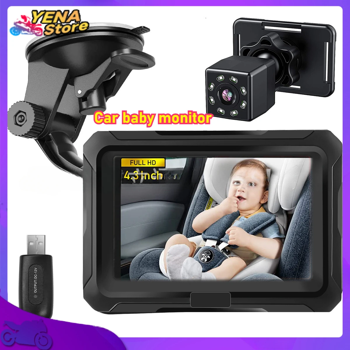

4.3-inch baby car mirror 1080P Baby monitor with camera Baby car mirror with IPS screen night vision function Adjustable width