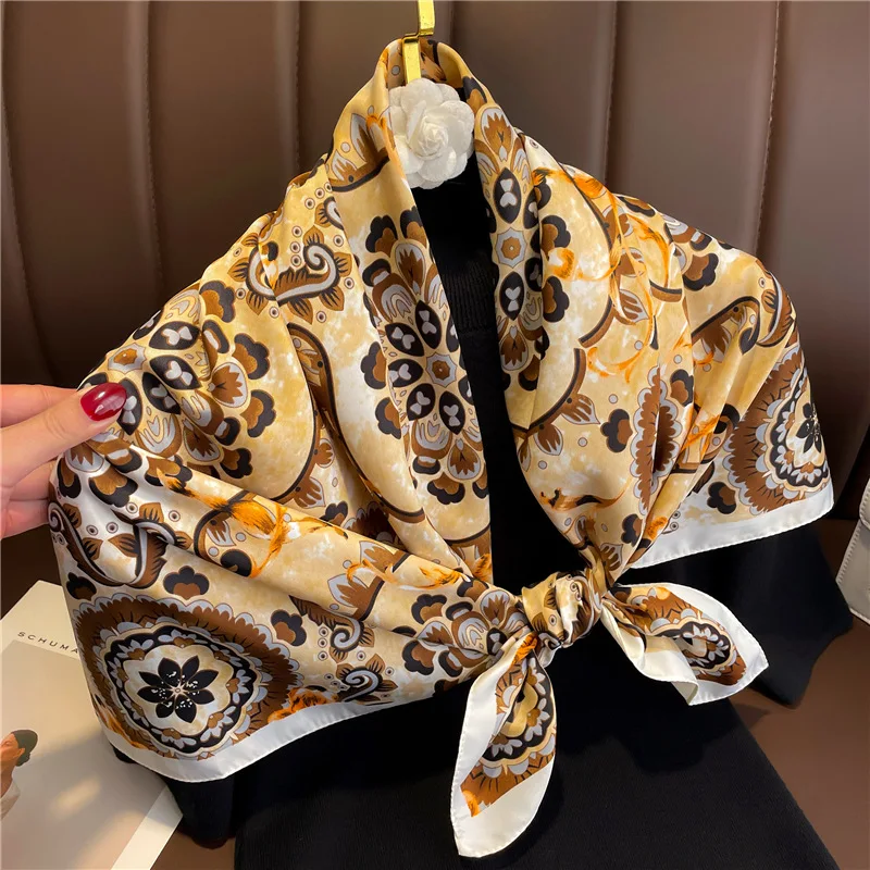 Luxury Design European Vintage Print Scarf 90X90cm Square Silk Scarf Hijab Shawls Foulard Ribbon Neckerchief Hairband Bandanna