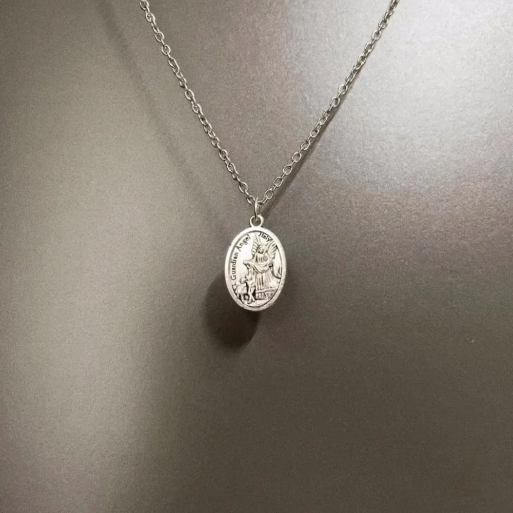 Vintage Temperament Sliver Color Double-sided Little Angel Fairy Relief Oval Pendant Necklace for Women Men Collar Chain Jewelry image 3