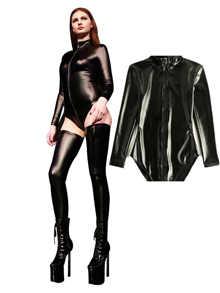 S-5XL Faux Latex Elastic PU Leather Long Sleeve Catsuit Zipper Open Crotch Bodysuit Tights Cosplay Body Teddies Leotard Swimsuit