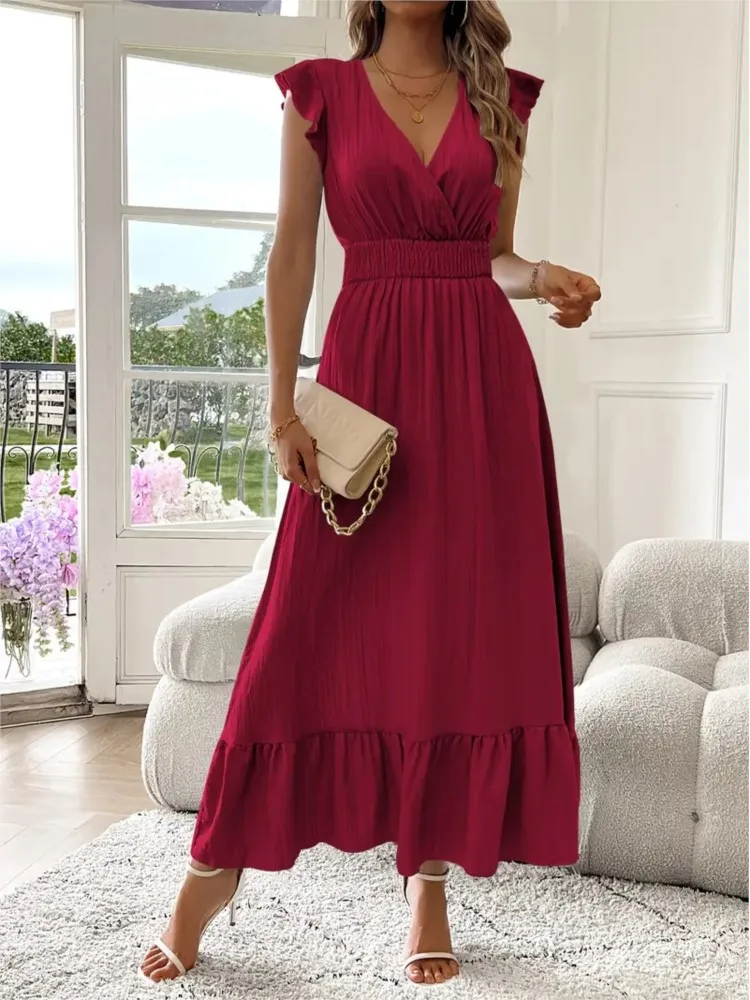 Vestido longo feminino 2025 verão novos vestidos com decote em v cor sólida cintura elástica maxi vestido senhora do escritório moda casual uma linha vestido