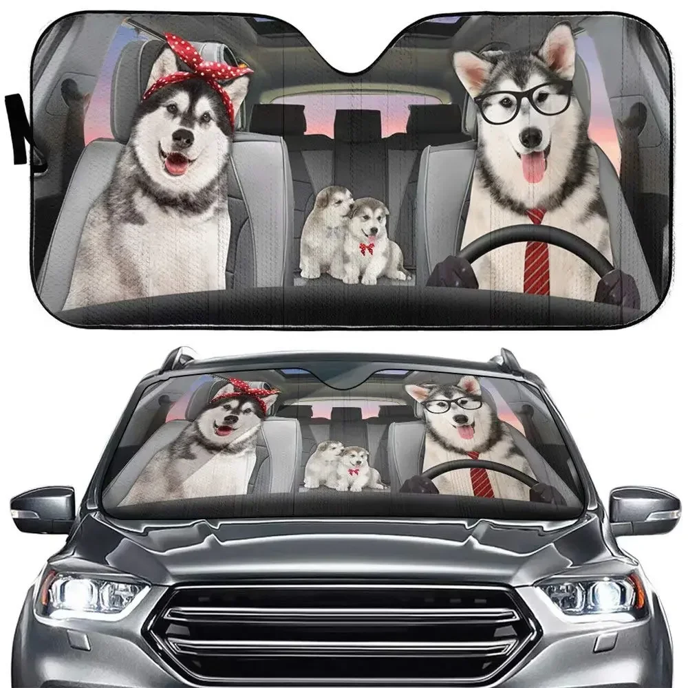 Husky Dog Driver Car Windshield Sun Shade Puppy Pet Family Auto Front Window Sunshade Animal Car Anti-Sunlight Automotive Cover