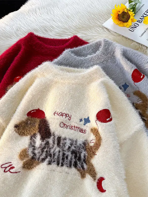 

Повседневный вязаный свитер с принтом таксы для молодежи, осенне-зимний, теплый, мягкий, из полиэфирного волокна, уличный стиль, модный топ