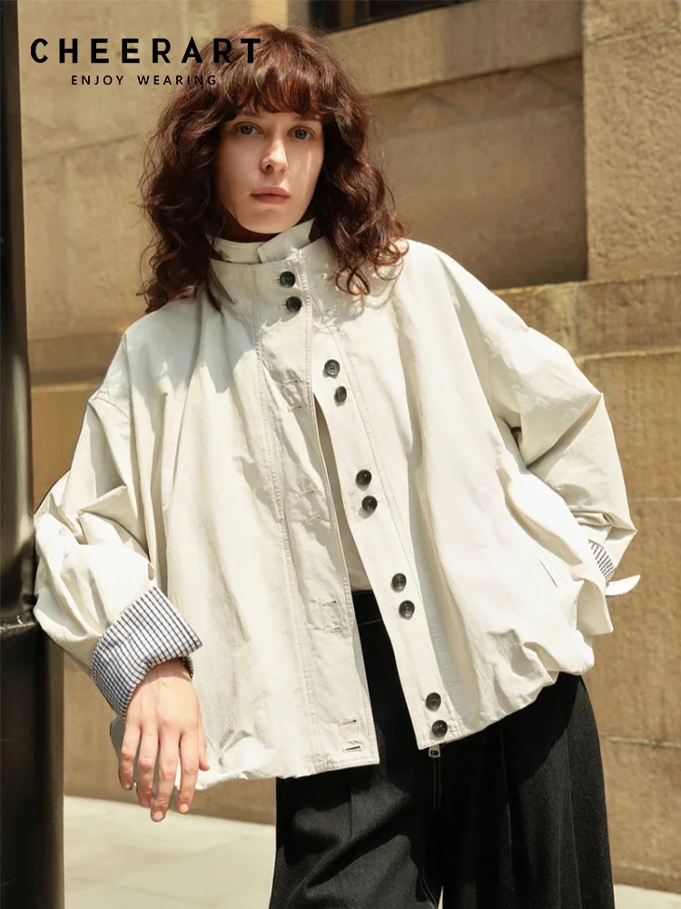 

CHEERART Осенние дизайнерские куртки женские осенние модные пальто оверсайз 2025 года бежевый воротник-стойка новые верхняя одежда