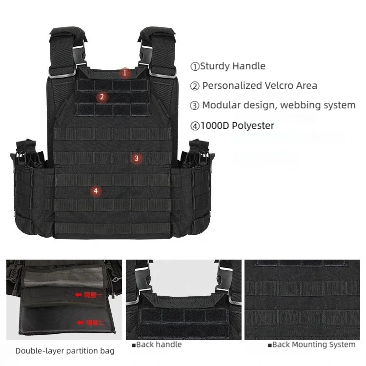 Tactical Vest Quick-Release MOLLE System w/2 Armor Plates, Adjustable for Hunting Hiking Airsoft (Men/Women)