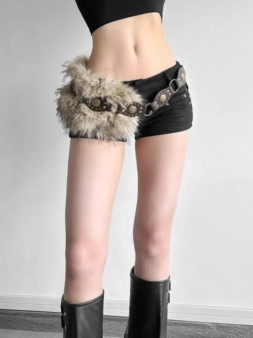 2026 Faux Fur Leather Belt Women's Versatile Belted Midi Skirt Y2K Fuzzy Retro Subculture Nomadic Style Rivet Detail Skirt Belt