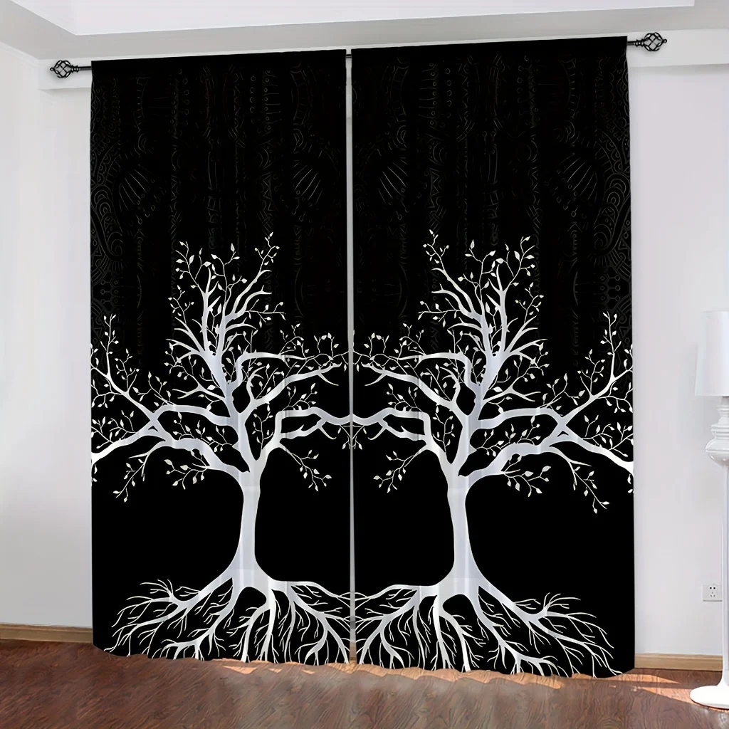 

2pcs Tree Pattern Curtains Decorative Curtains 2Panels Black White Window Treatment For Bedroom Office Kitchen Living Room