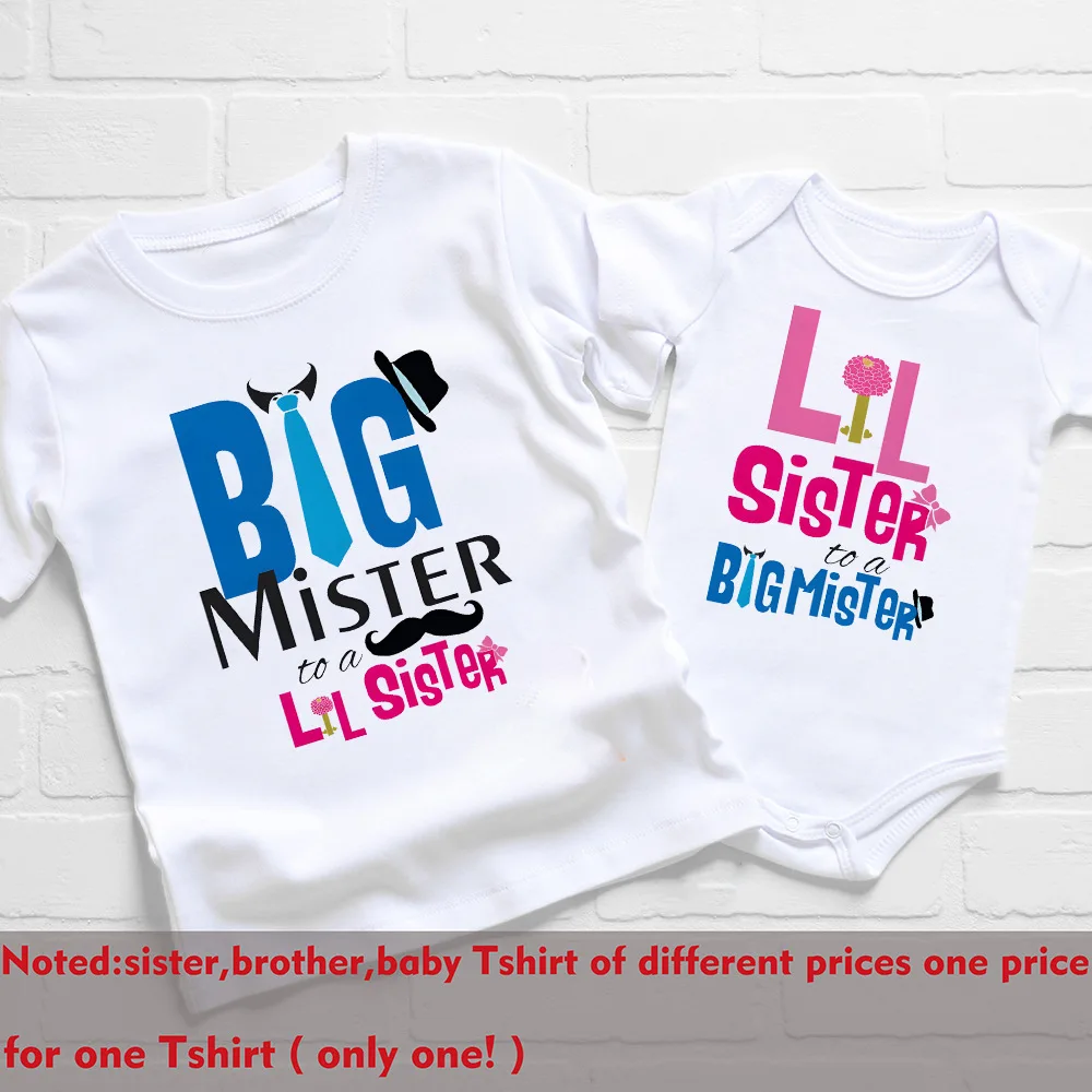 Big Sister To A Little Mister Print Family Matching Shirt Sister & Brother Sibling Outfit Kid Short Sleeve T-shirt Baby Bodysuit