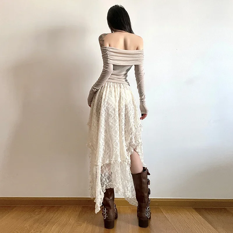 

Chic Women Y2k Skirt Lace High Waist Asymmetrical A Line Skirts French Style Fashion Folds Sweet Skirts Vintage Slim Basic Skirt