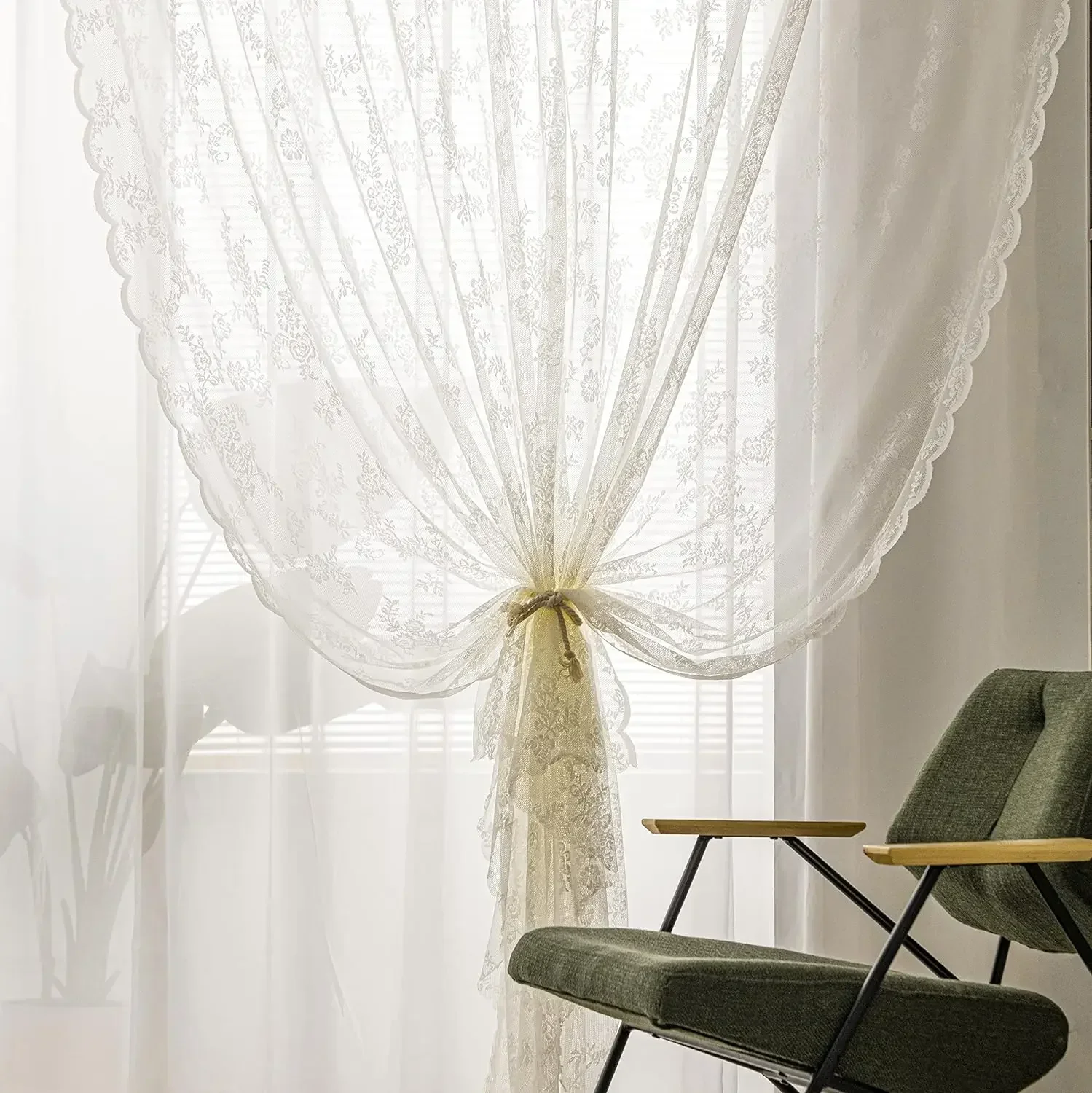 White French Lace Semi Transparent Rod Curtains Suitable for Filtering Light in Living Room Windows, One Piece Set