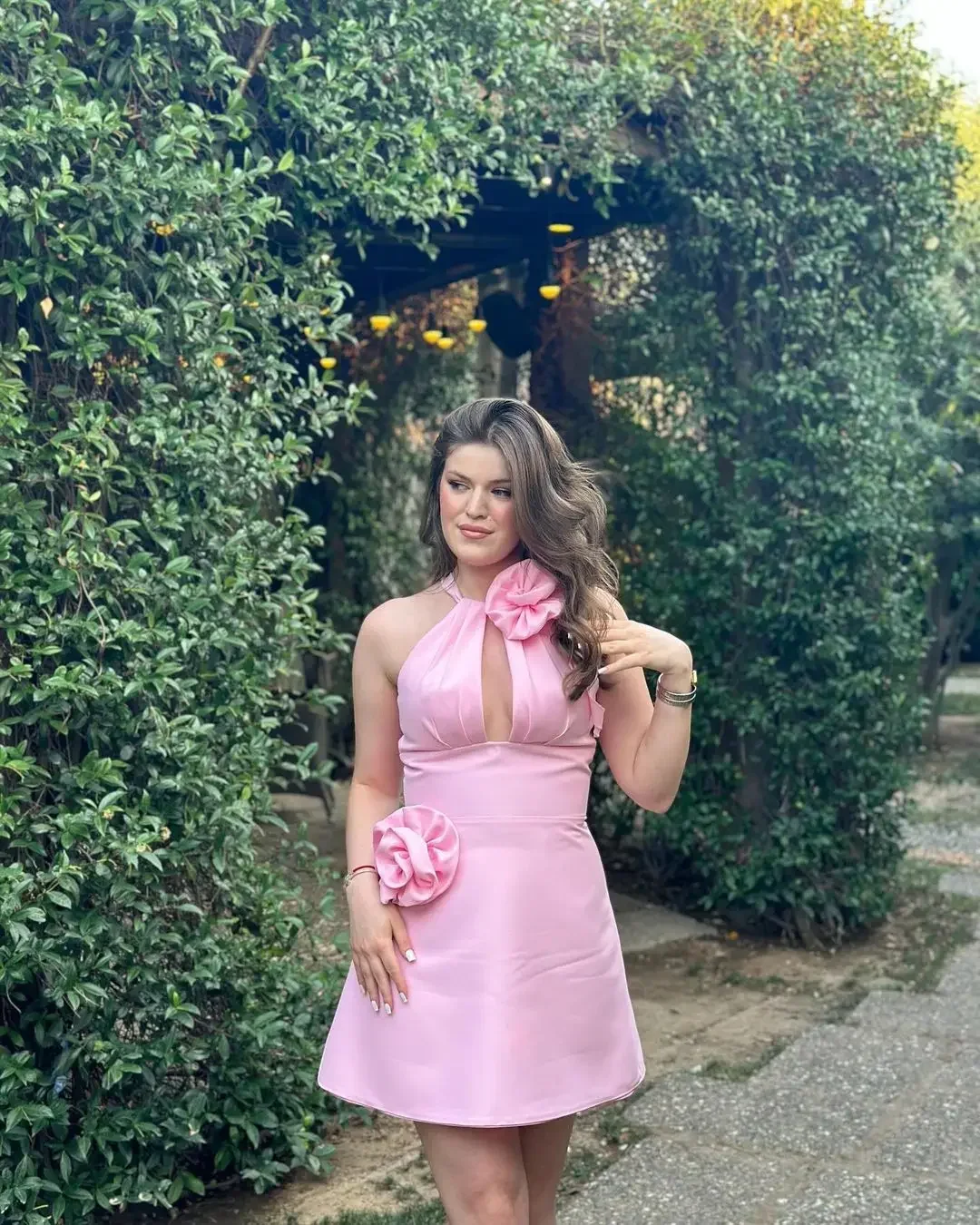 Pink Short Formal Occasion Prom Dresses O-Neck Satin Evening Dresses Party Dresses WITH3D Floral