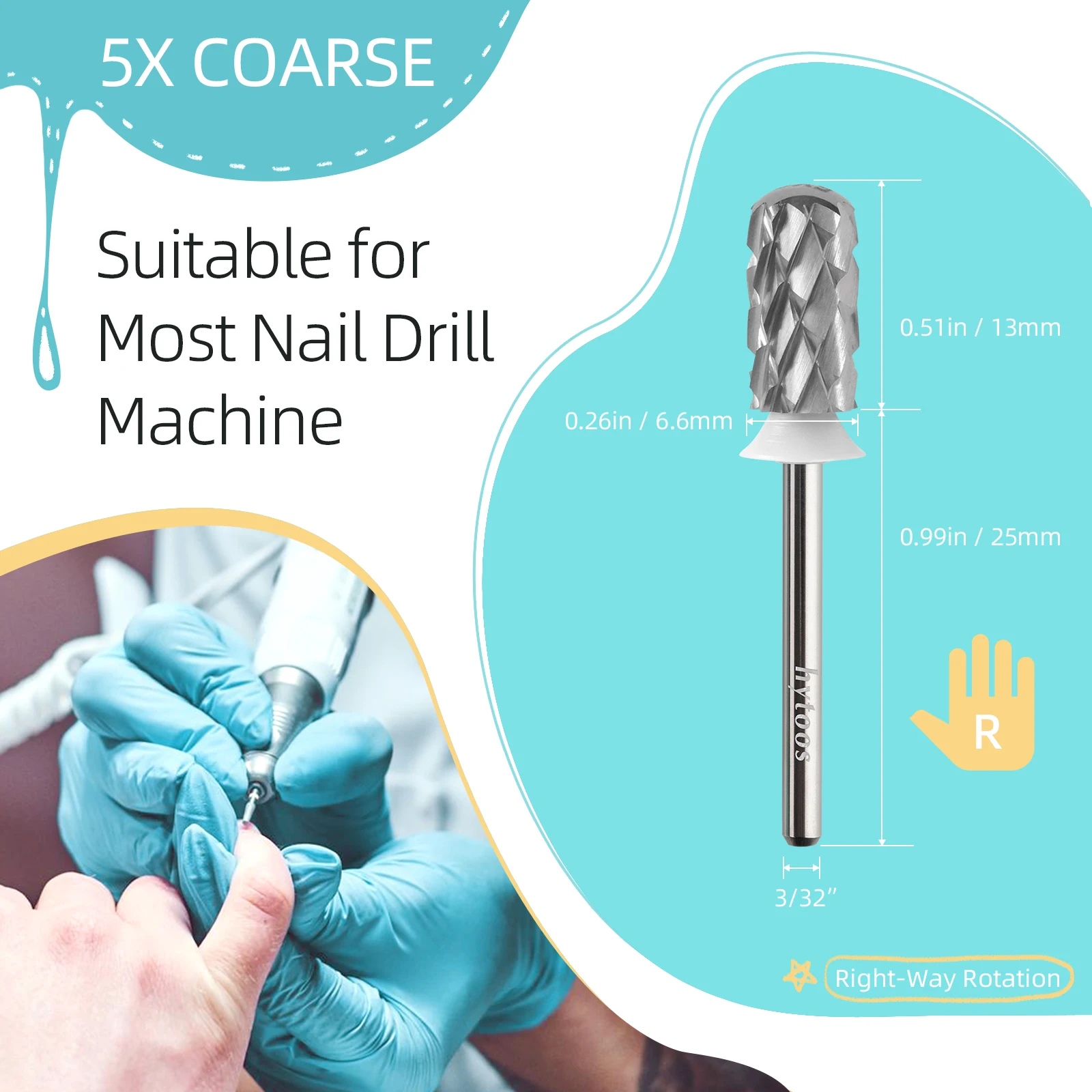 HYTOOS 5XC Sicherheits-Nagelbohrer 3/32 Glatte Oberseite Hartmetall-Maniküre-Bit zum Entfernen von Dickem Gel Bohrer-Zubehör Lieferant – Detail 2