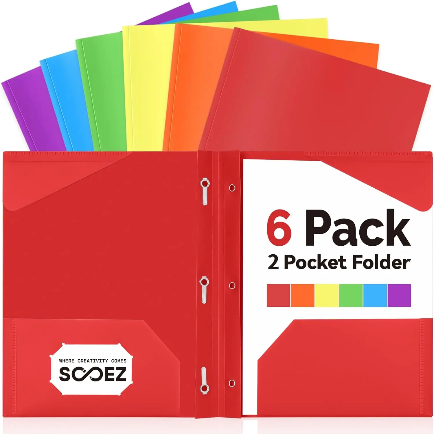 

Sooez Plastic Folders with Pockets and Prongs, 6 Pack Pocket Folders with Prongs, Heavy Duty 3 Prong 2-Pocket Folders for Document, Colored File Folder Back to School Supplies for Kids