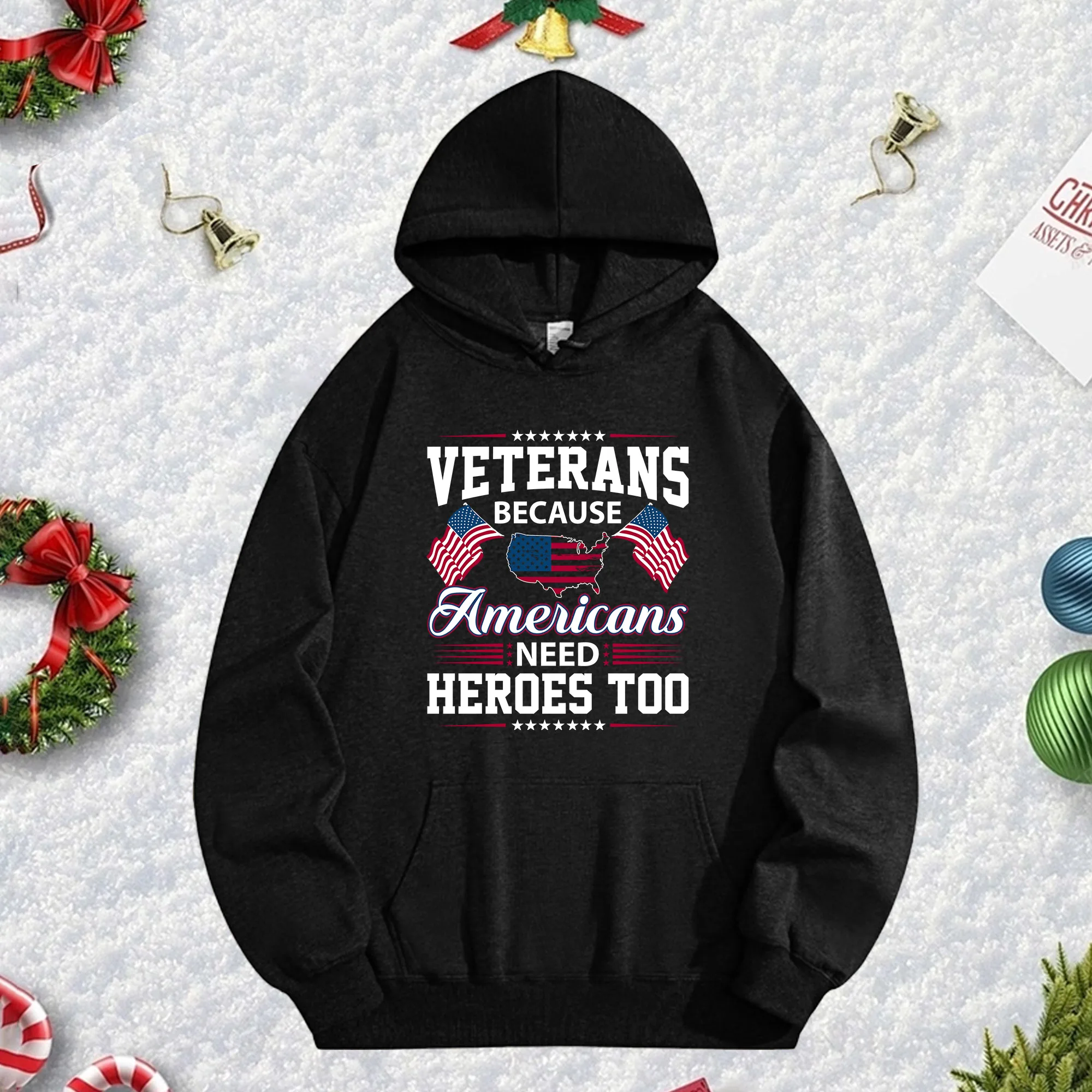 VETERANS 270G Sudadera con capucha unisex negra, acogedora jersey de forro polar para invierno, Navidad y Año Nuevo
