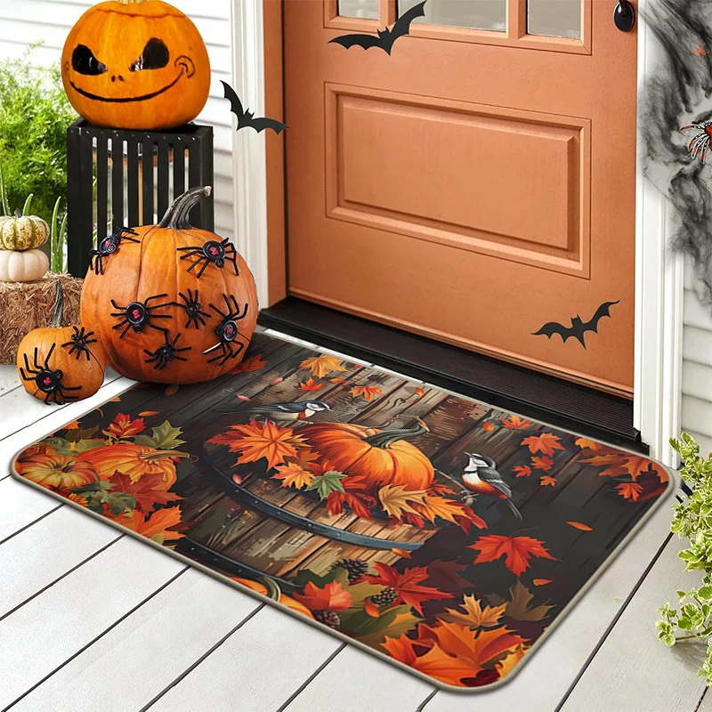 VIKAMA Vintage Wood Pumpkin Maple Leaf Bird Doormat Non Slip Absorbent Entrance Rug Front Porch Autumn Thanksgiving Home Decor