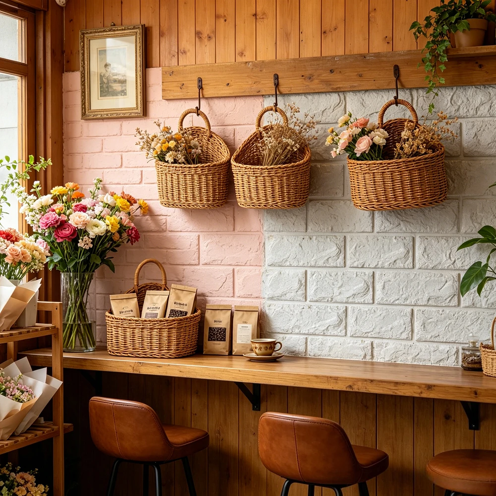 Hand Woven Hanging Rattan Storage Basket Christmas Wall Decor Organizer for Kitchen Bathroom Nursery Closet Cafe Flower Planter view 2