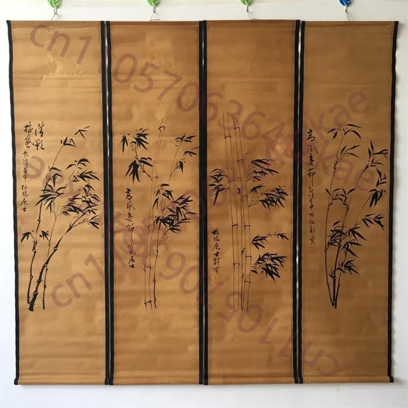 Pintura en pergamino antiguo de China, Cuatro cuadros decorativos, Pintura colgante para el pasillo central, Mural de bambú de cuatro lados