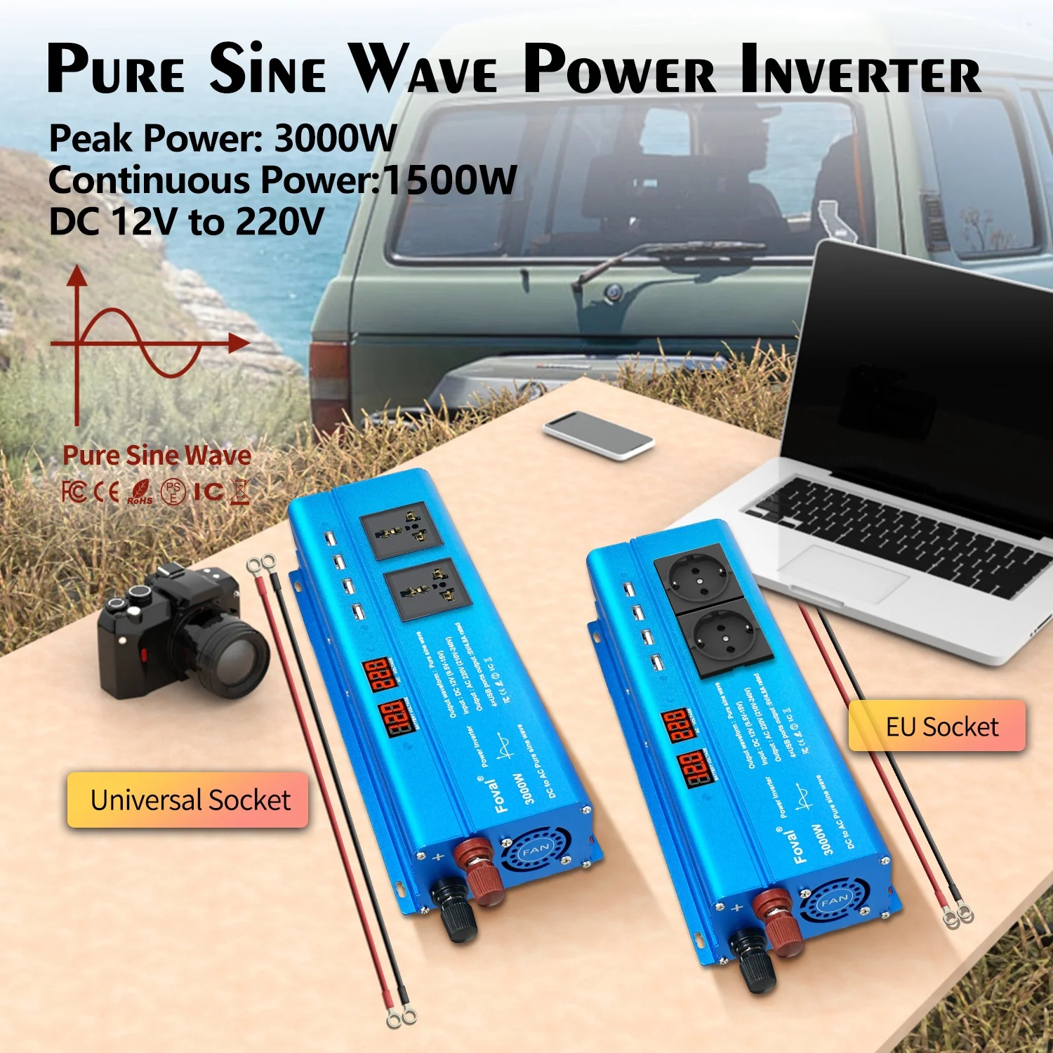 3000W Pure Sine Wave Inverter DC 12V To AC 220V Power Transformer With USB 3outlets Universal/EU Socket Charge LED Display