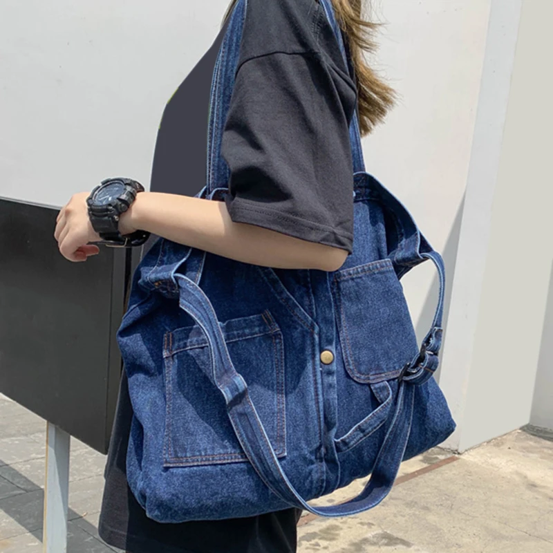 Denim Tote Bags for Women and Man Large Capacity Design Handbag Unisex Casual Blue Shoulder Shopping Pack Jeans Japan Style Y2K